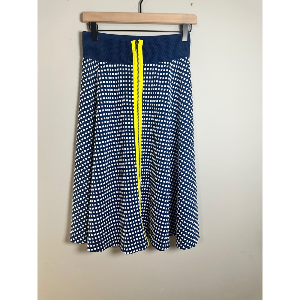 Marc Bouwer Unlimited Blue White Grid A-Line Midi Skirt Neon Yellow Zipper XS